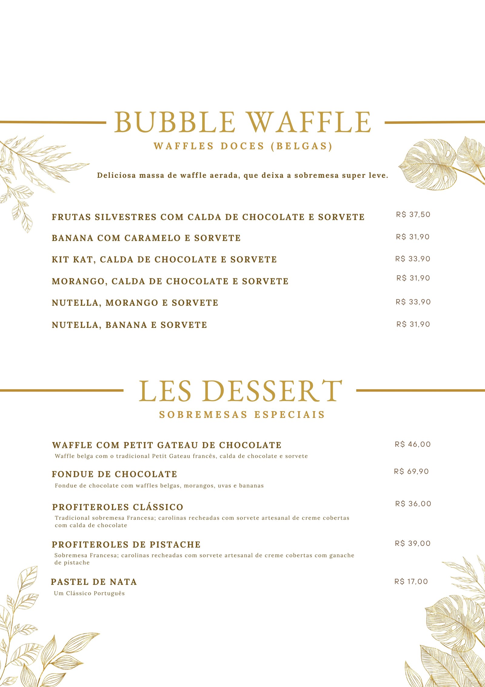 Página do cardápio do La Fleur com bubble waffles e sobremesas